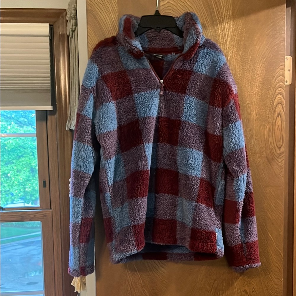 Eddie Bauer Burgundy and Blue Checkered Teddy Jacket